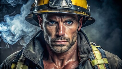 Fototapeta premium A muscular, smoldering handsome fireman in full gear, sweat-drenched and soot-stained, gazes intensely with piercing blue eyes, exuding rugged charm and raw masculine appeal.