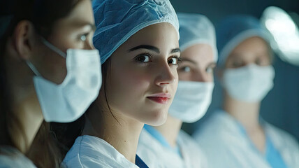 Medical students observing surgery with focused expressions