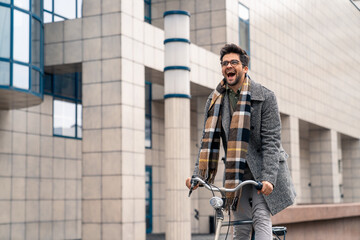 Energetic Caucasian Businessman Biking to Work