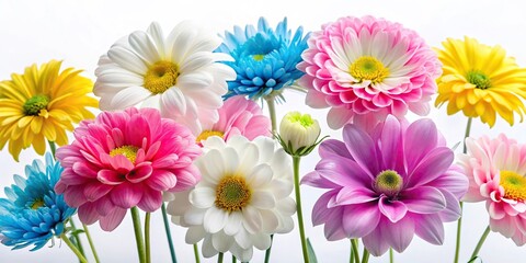 Obraz premium Colorful assortment of pink, white, blue, and clear yellow flowers on a white background