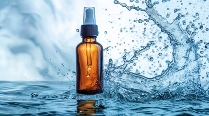Serum bottle amidst water splash on light background, Close-up photo with clean background
