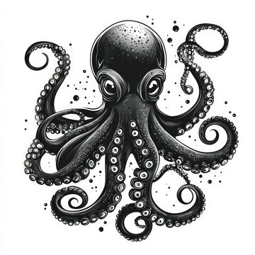 recommend clip art: Detailed black and white illustration of an octopus with its tentacles curled.