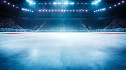 Inside view of ice hockey arena and empty ice rink. Postproducted generative AI illustration.	
