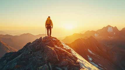 Fototapeta premium A hiker reaching summit of mountain at sunrise, feeling accomplished and inspired