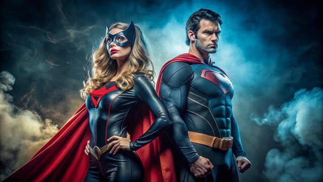 A powerful female superhero poses alongside her brave male counterpart, both dressed in iconic superhero attire, ready