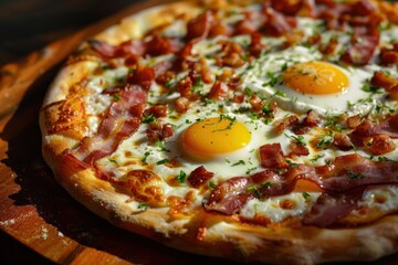 Delicious Breakfast Pizza with Eggs and Bacon - Gourmet Pizza, Savory Meal, and Food Photography
