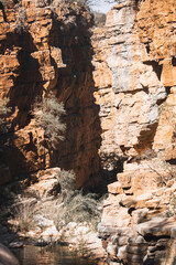 Tiefe Schlucht mit felsigen Wänden und spärlicher Vegetation