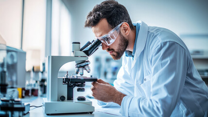 Laboratory technician examining samples under microscope with focus