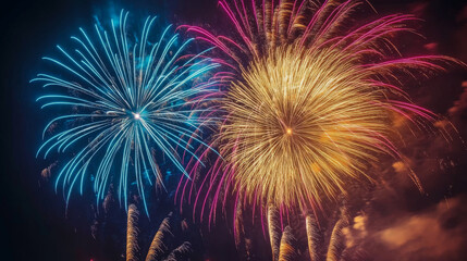 Beautiful fireworks explode against the night sky in Quebec, Canada. The colorful bursts create a stunning display, leaving room for you to add text.