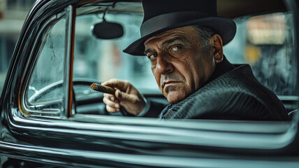Mafia boss in vintage black car, exuding confidence and power