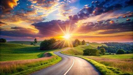 A serene and calm landscape with a winding road leading to a bright horizon, symbolizing hope, promise, and a bright future ahead.