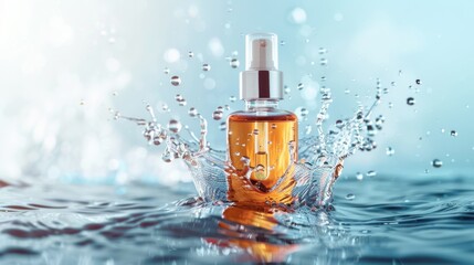 Serum bottle with water splash on light background, Close-up photo with clean background