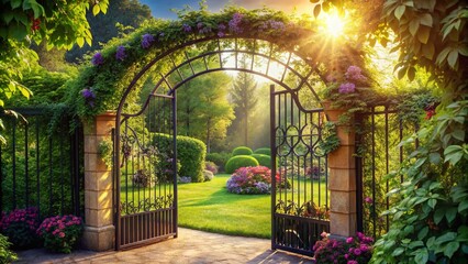 A serene and inviting arbor with a decorative metal gate, adorned with blooming vines and lush greenery, stands against a soft, sunny background.