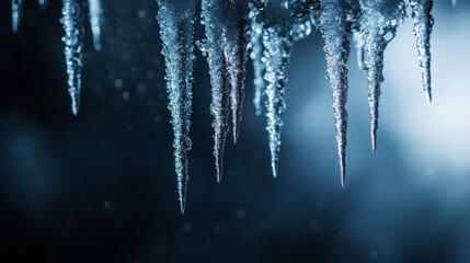 Obraz premium Sharp, icy needles hanging against a dark backdrop.