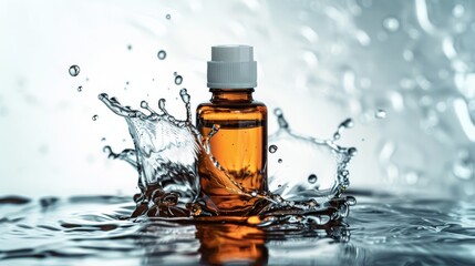 Serum bottle with water splash on light background, Close-up photo with clean background