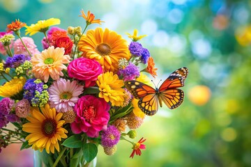 Colorful bouquet of flowers and butterfly in forced perspective