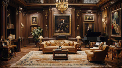 Luxurious mansion interior with elegant furniture and artwork