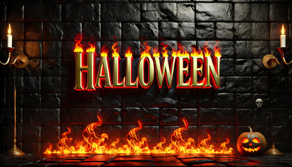 The word 'HALLOWEEN' in a glowing golden font against a black stone wall, with red flames surrounding the text. The flames appear intense and dynamic.
