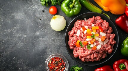 Raw ground meat with finely diced onions and bell peppers in a minimalist layout