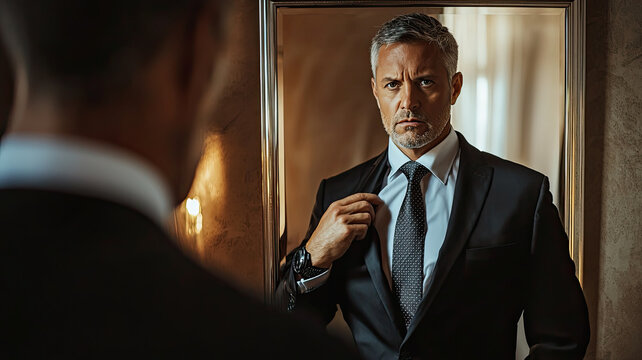 A mafia hitman adjusting his tie in front of mirror, exuding confidence and style
