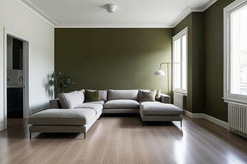 Fototapeta premium Minimalistic Living Room Design with Sectional Couch, Olive Green Wall, and Sleek Vinyl Flooring