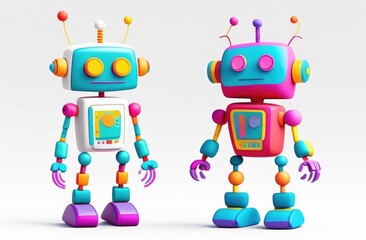 two robots on a white background, 3d cartoon illustration.