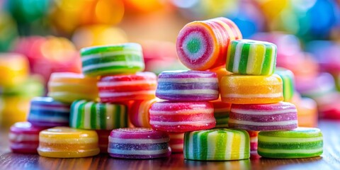 A Close-Up View of Colorful Striped Hard Candies on a Wooden Table, Candy, Sweet, Dessert, Confectionary