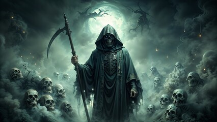 Grim Reaper Holding Scythe Surrounded by Skulls and Mist, Dark and Ominous Halloween Scene