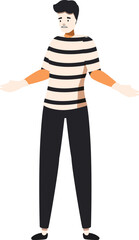 Young man is standing with his arms outstretched, palms up, and a confused expression on his face