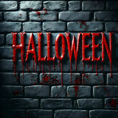 The word HALLOWEEN written in bloody letters on a black brick wall. The blood appears to drip from the letters, creating a macabre and eerie atmospher.
