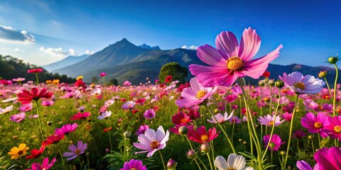Colorful cosmos flowers blooming in garden with blue summer sky and mountain backdrop