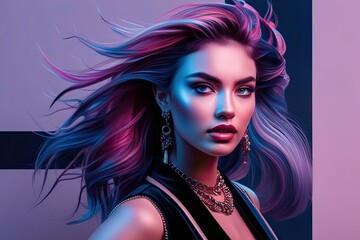Fototapeta premium Contemporary Abstract Portrait of a Young Woman with Dynamic Allure and Intense Aesthetic in a Stylish Setting