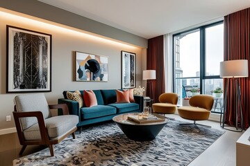 Fototapeta premium Cozy Modern Living Room with Accent Chair and Stylish Furnishings in Trendy Apartment Design