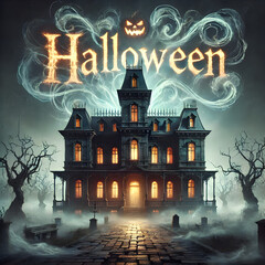 A ghostly inscription of the word 'HALLOWEEN' formed from wisps of fog, floating above an eerie, haunted mansion. The mansion is dimly lit.

