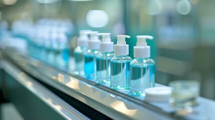 Skin care bottles neatly arranged on a moving conveyor belt Close-up photo with clean background