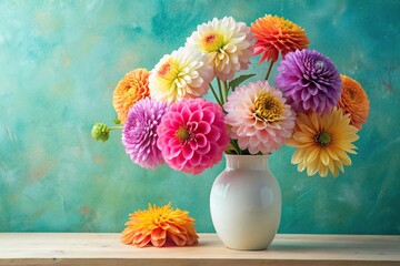Colorful dahlia flowers in vase on table against pastel wall background © Chanchai