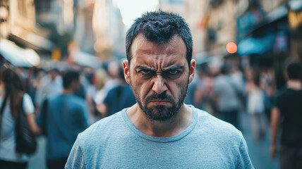 Obraz premium Angry man with intense eyes in busy street, expressing strong emotions