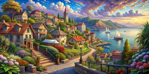 Fototapeta premium Coastal Town Sunset - Digital Painting, Colorful Landscape, Village by the Sea, Beautiful Scenery, Waterfront, Coastal Town, Sunset, Village