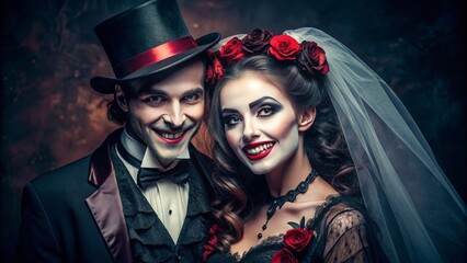 Obraz premium A smiling duo dressed as a Victorian-era vampire and his Gothic bride pose together, showcasing a hauntingly romantic couple's Halloween costume idea.