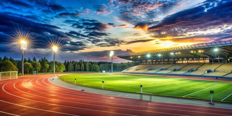 Empty Stadium at Sunset, Wide Angle, Stadium, Track and Field, Soccer Field, Athletic Field