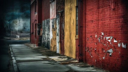Fototapeta premium Grunge background, red brick wall texture bright plaster wall and blocks road sidewalk abandoned exterior urban background for your concept or project