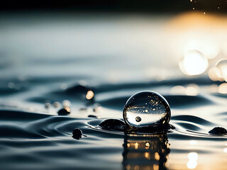 Featuring transparent bubbles on rippled water surfaces, reflecting sunlight during a calm sunset or sunrise.