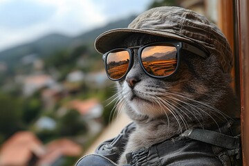Stylish cat in sunglasses and cap relaxing with scenic background reflection