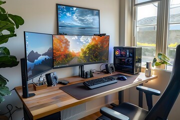 Fototapeta premium An telework office with a sophisticated desk, advanced monitor setup, and minimalistic decoration, enhanced by bright natural light and a clean, contemporary home office background