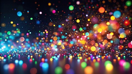 colorful floating particle bokeh on dark background