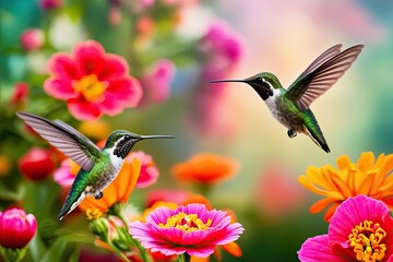 Naklejka premium Two Hummingbirds Hovering Near Bright Flowers in a Dreamy Floral Garden Scene