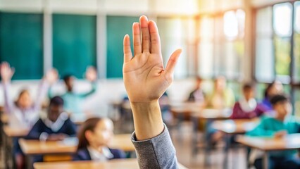 A solitary hand rises upward, palm facing outward, against a blurred background, conveying unity, agreement, or a