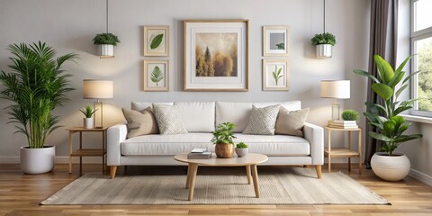 Minimalist Living Room Interior Design with White Sofa, Wooden Coffee Table and Green Plants, 3D Rendering, Interior Design, Home Decor, Living Room Design,  Minimalist Style