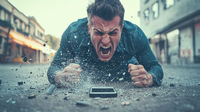 Angry man smashing phone on ground, expressing frustration and rage