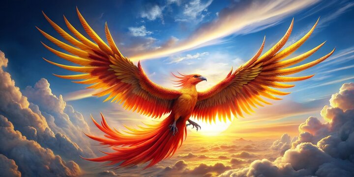 Phoenix Ascending Through Golden Clouds, Digital Art,  Mythical Creature, Bird, Fire,  phoenix, mythical bird, fantasy art